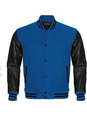 Men’s Black Blue Genuine Leather Sleeve Varsity Letterman Jacket